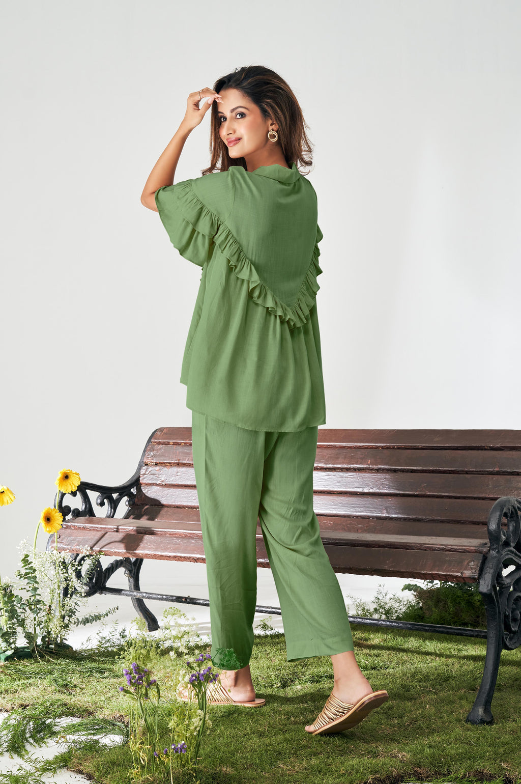 Olive Green Ruffle Top and Pants Co-ord Set