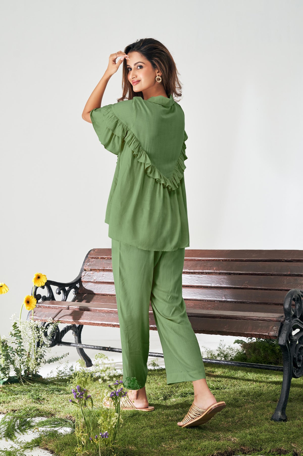 Olive Green Ruffle Top and Pants Co-ord Set
