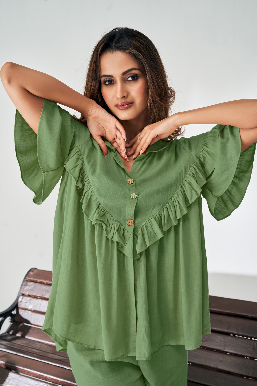 Olive Green Ruffle Top and Pants Co-ord Set