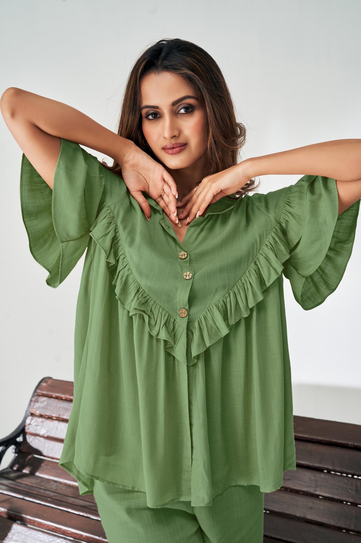 Olive Green Ruffle Top and Pants Co-ord Set