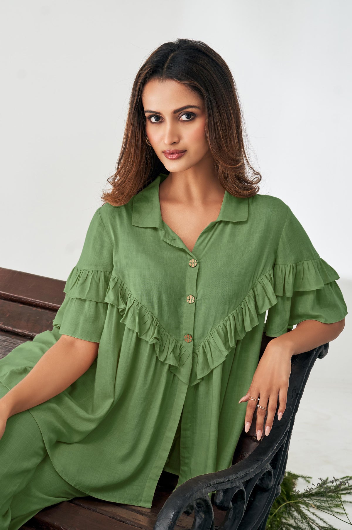 Olive Green Ruffle Top and Pants Co-ord Set