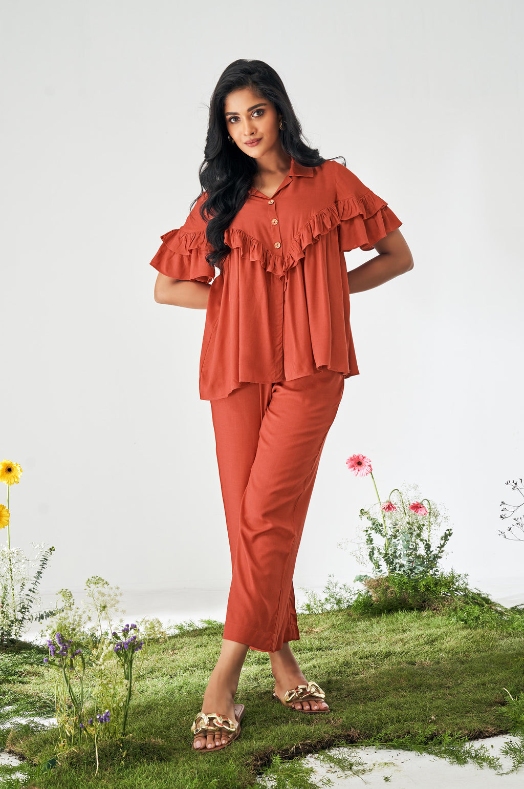 Orange Ruffle Top and Pants Co-ord Set