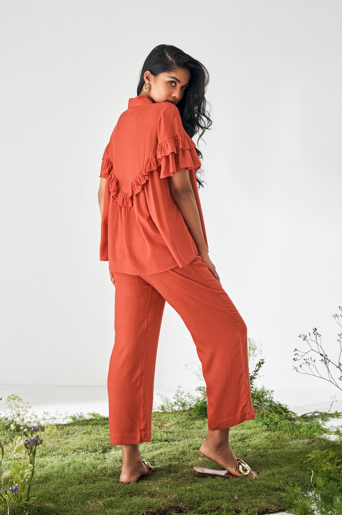Orange Ruffle Top and Pants Co-ord Set