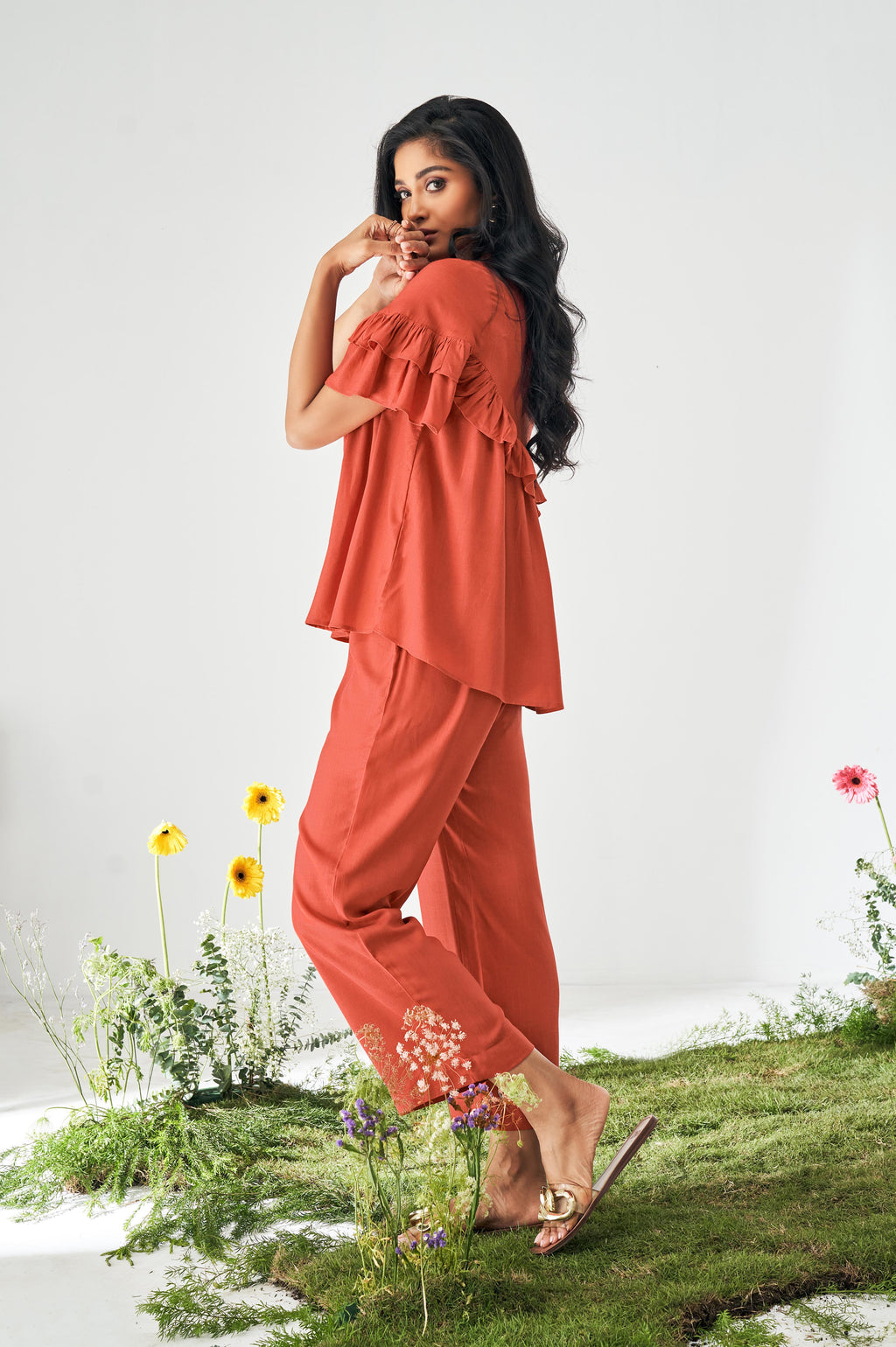 Orange Ruffle Top and Pants Co-ord Set