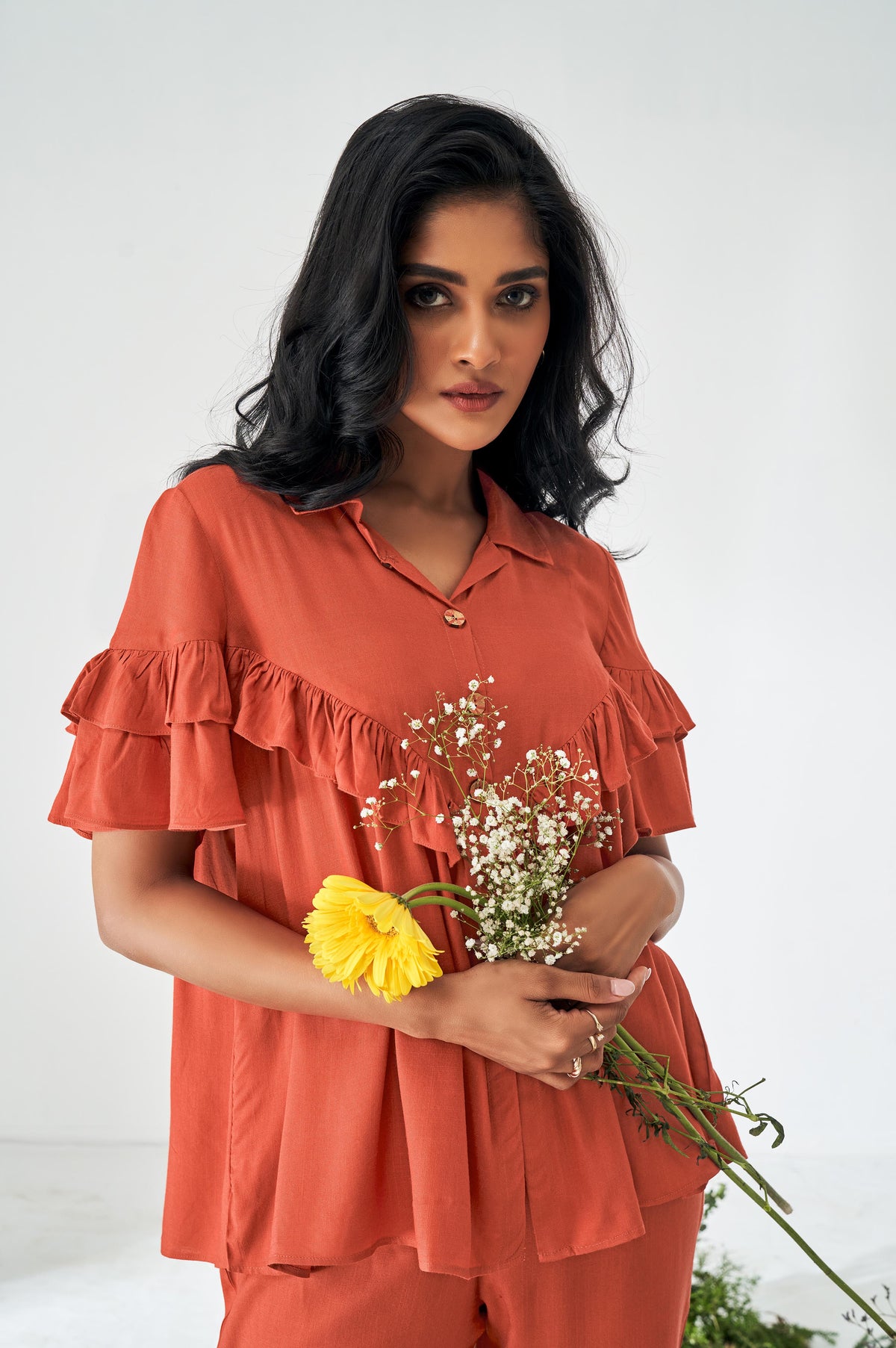 Orange Ruffle Top and Pants Co-ord Set