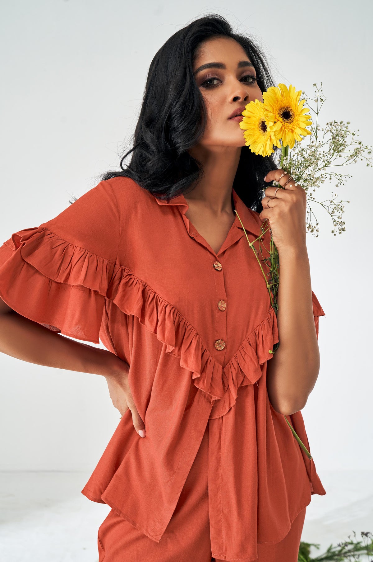 Orange Ruffle Top and Pants Co-ord Set