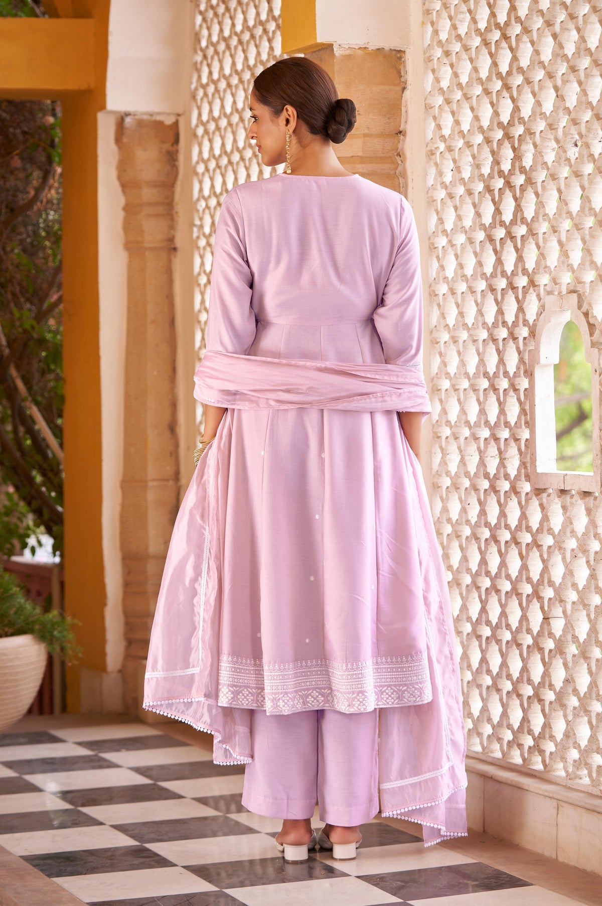 Purple Ethnic Motifs Embroidered Mirror Work Anarkali Kurti with Pyjamas & Dupatta