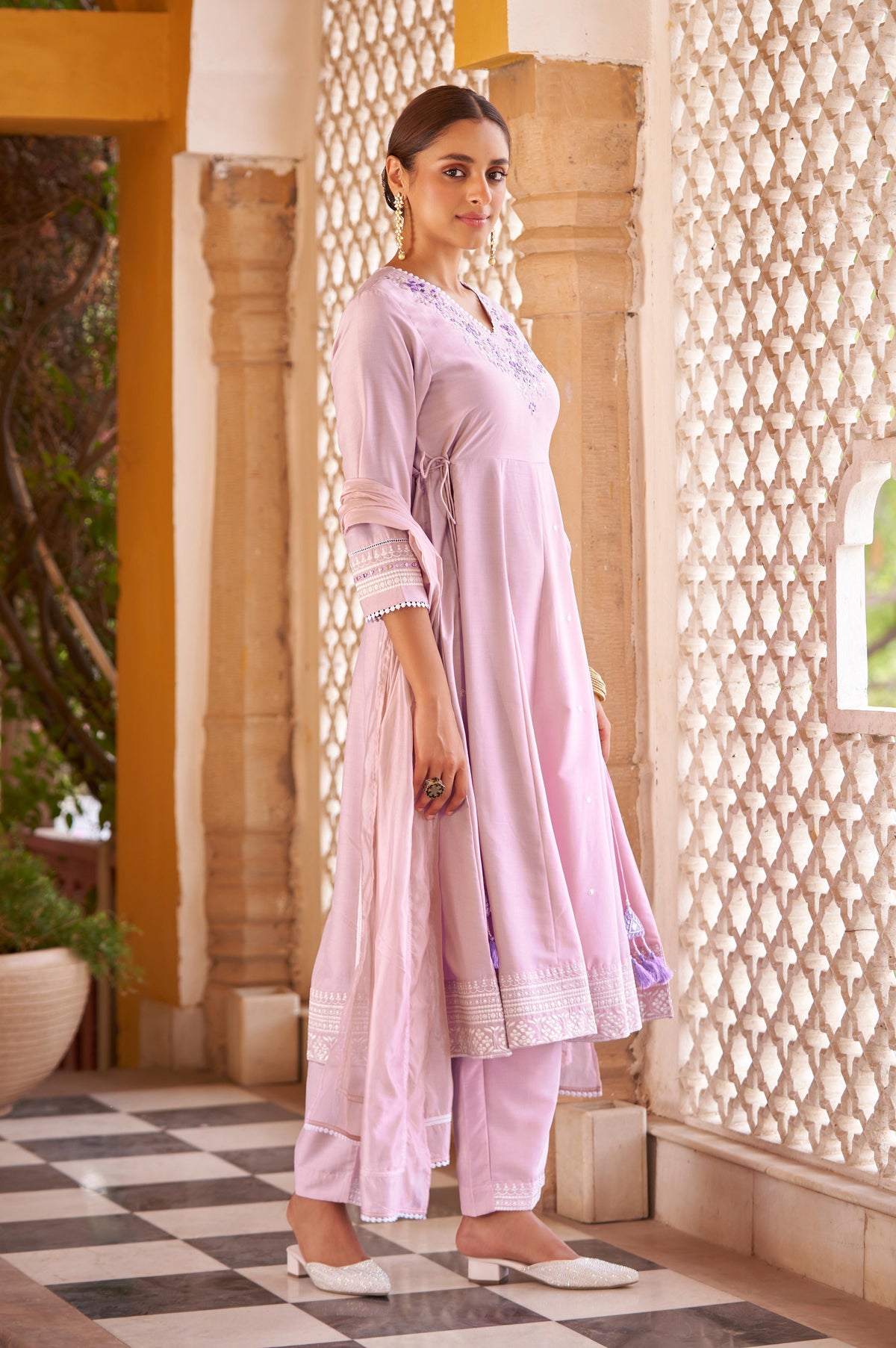 Purple Ethnic Motifs Embroidered Mirror Work Anarkali Kurti with Pyjamas & Dupatta