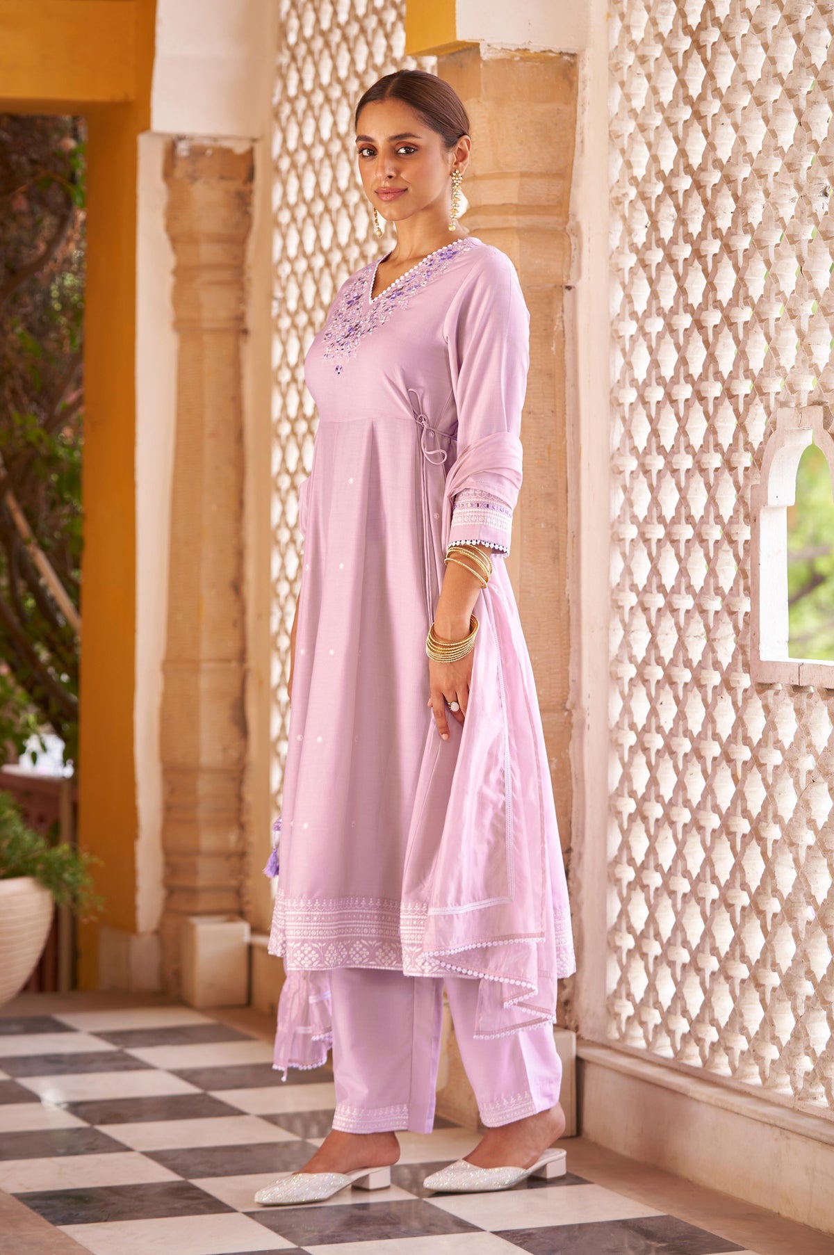 Purple Ethnic Motifs Embroidered Mirror Work Anarkali Kurti with Pyjamas & Dupatta
