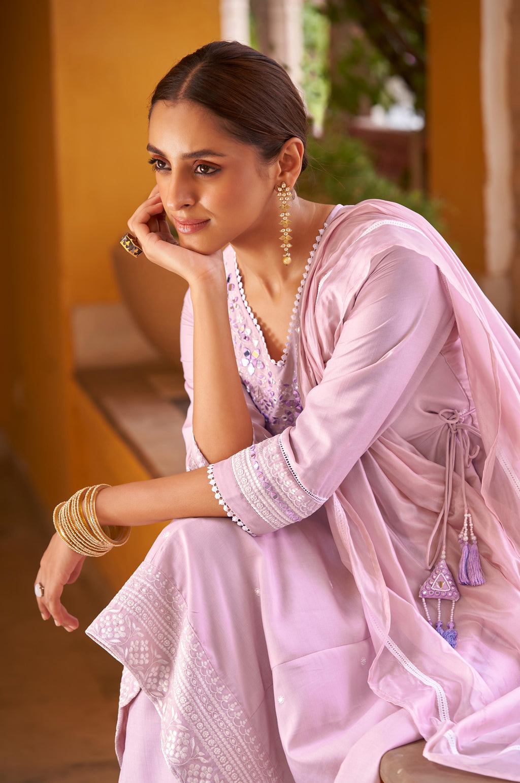 Purple Ethnic Motifs Embroidered Mirror Work Anarkali Kurti with Pyjamas & Dupatta