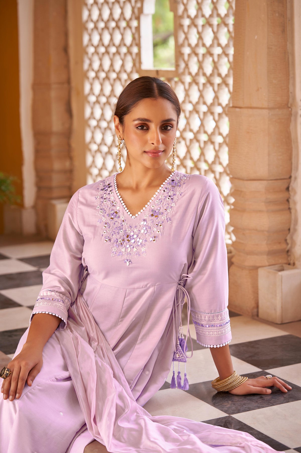 Purple Ethnic Motifs Embroidered Mirror Work Anarkali Kurti with Pyjamas & Dupatta