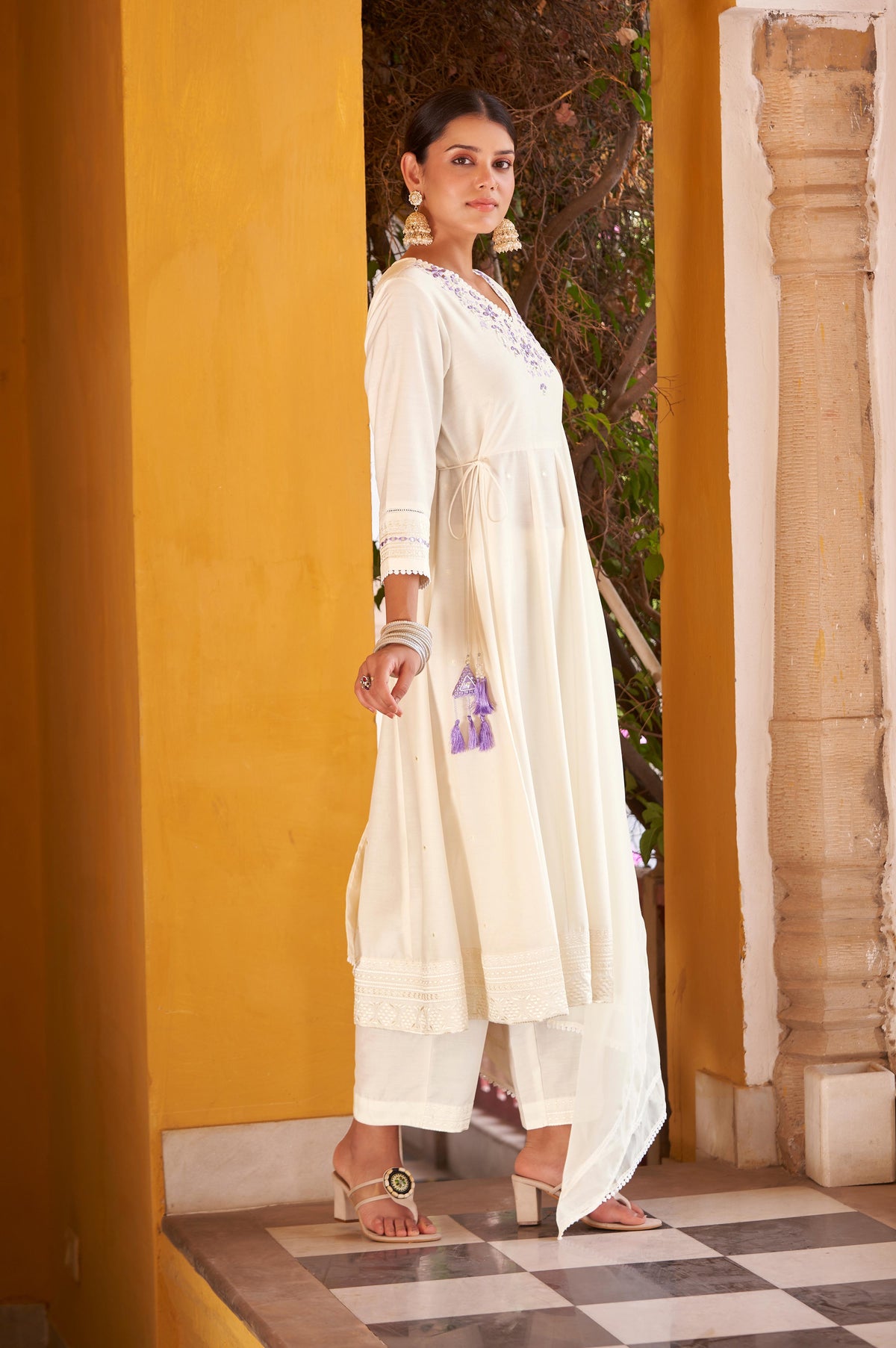 White Ethnic Motifs Embroidered Mirror Work Anarkali Kurti with Pyjamas & Dupatta