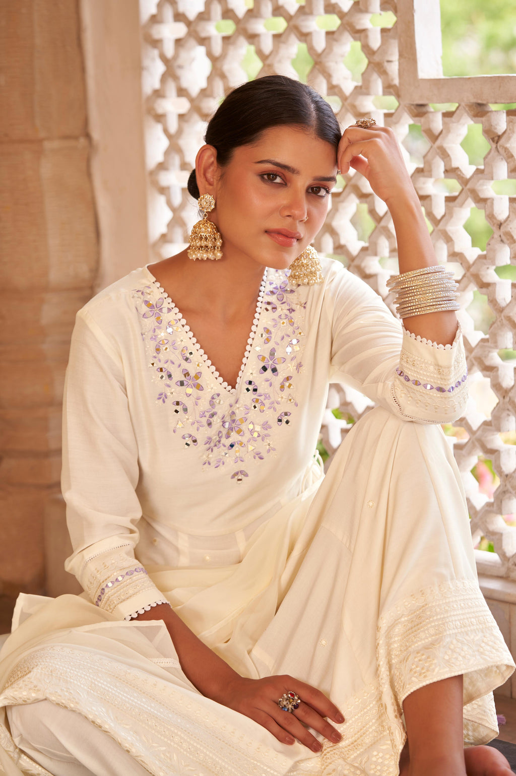 White Ethnic Motifs Embroidered Mirror Work Anarkali Kurti with Pyjamas & Dupatta