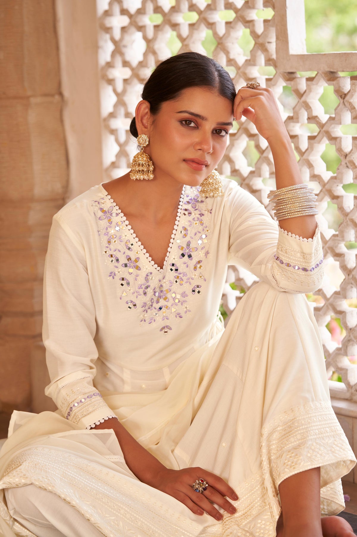 White Ethnic Motifs Embroidered Mirror Work Anarkali Kurti with Pyjamas & Dupatta