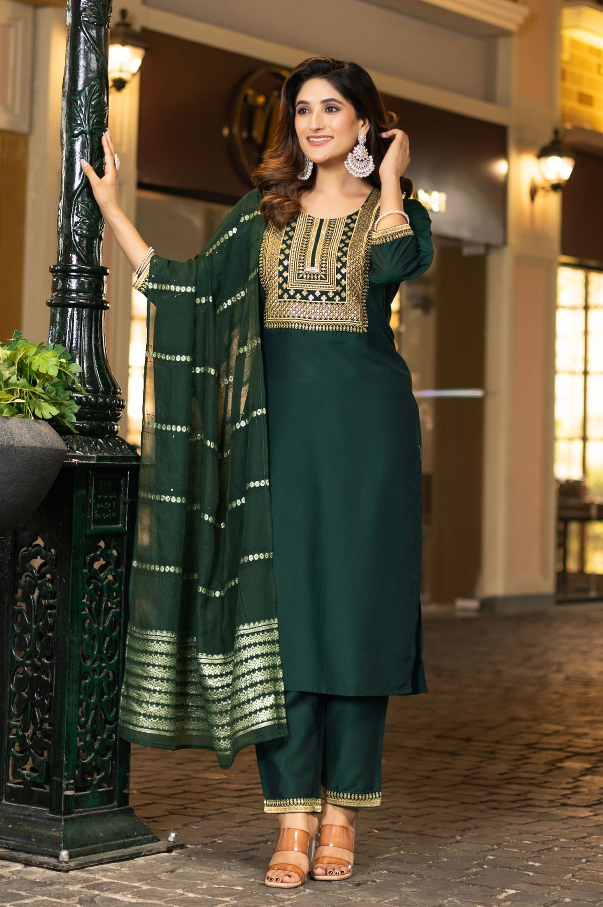 Bottle Green Chinnon Embroidered Kurta Set with Jacquard Dupatta
