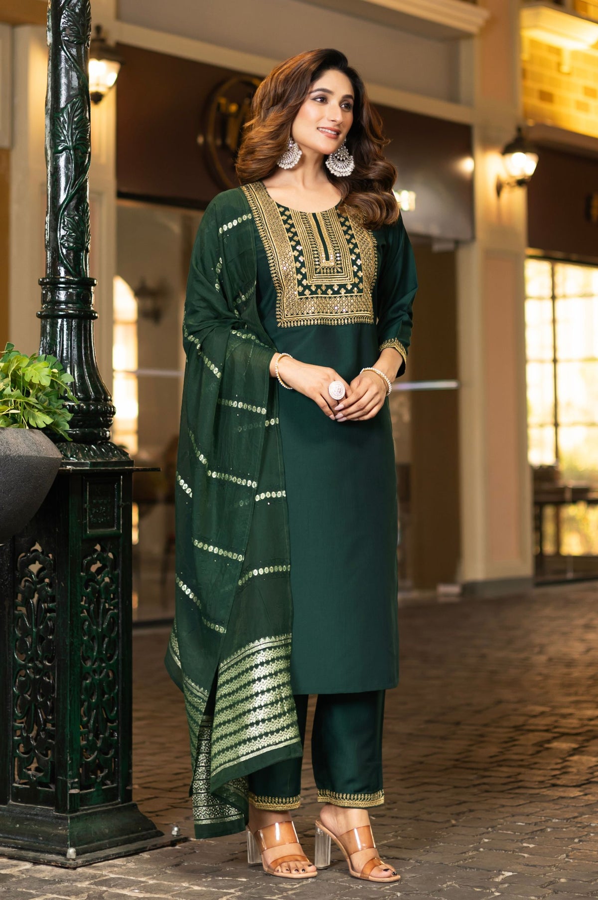 Bottle Green Chinnon Embroidered Kurta Set with Jacquard Dupatta