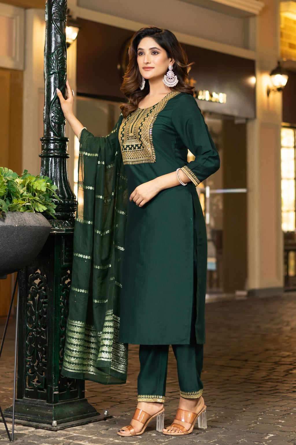 Bottle Green Chinnon Embroidered Kurta Set with Jacquard Dupatta