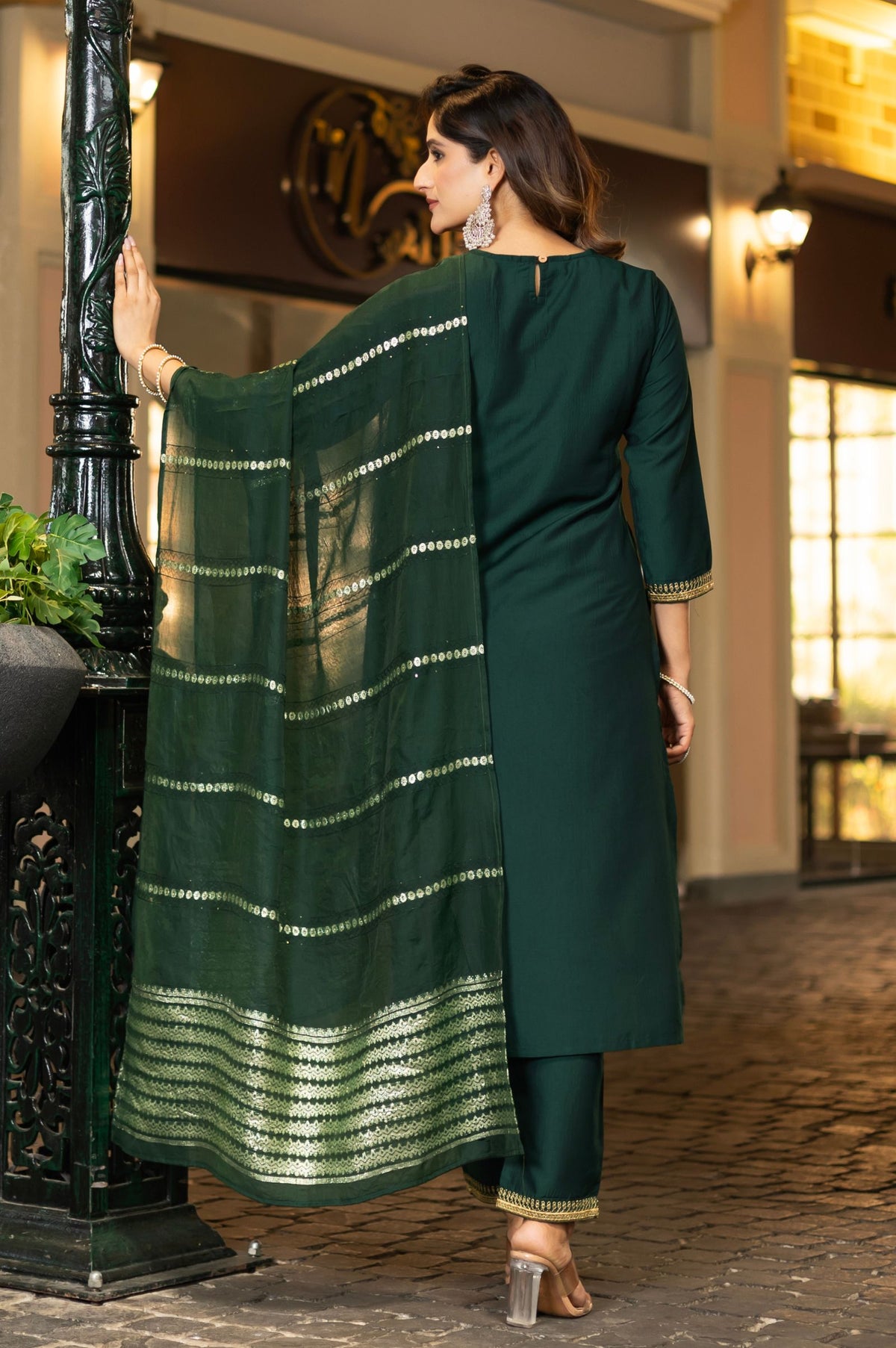 Bottle Green Chinnon Embroidered Kurta Set with Jacquard Dupatta