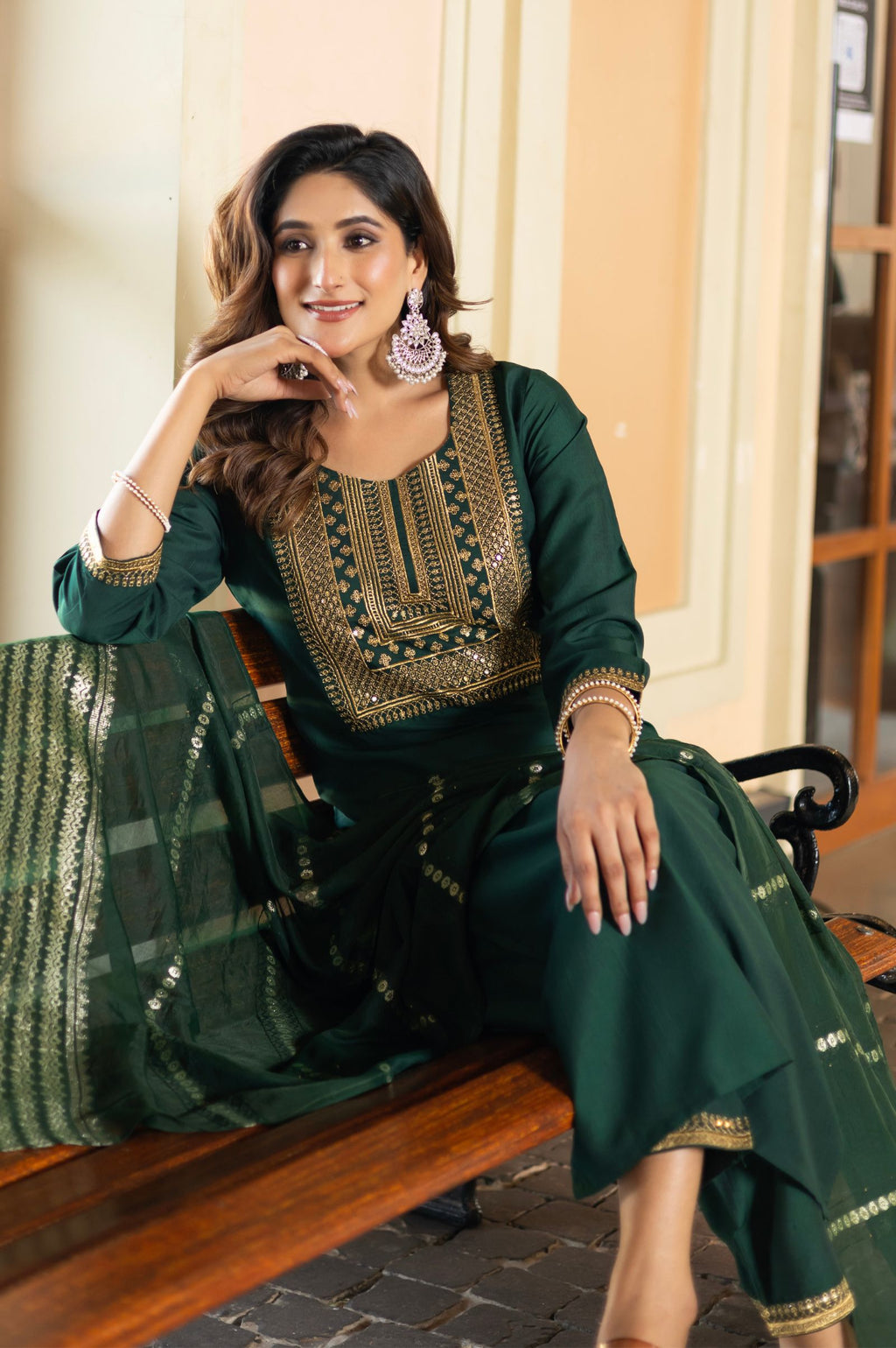 Bottle Green Chinnon Embroidered Kurta Set with Jacquard Dupatta