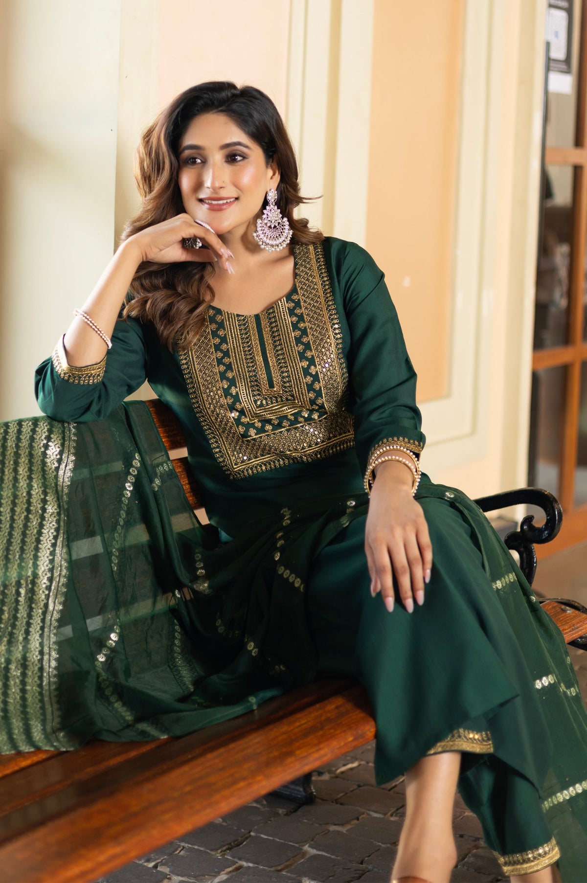 Bottle Green Chinnon Embroidered Kurta Set with Jacquard Dupatta