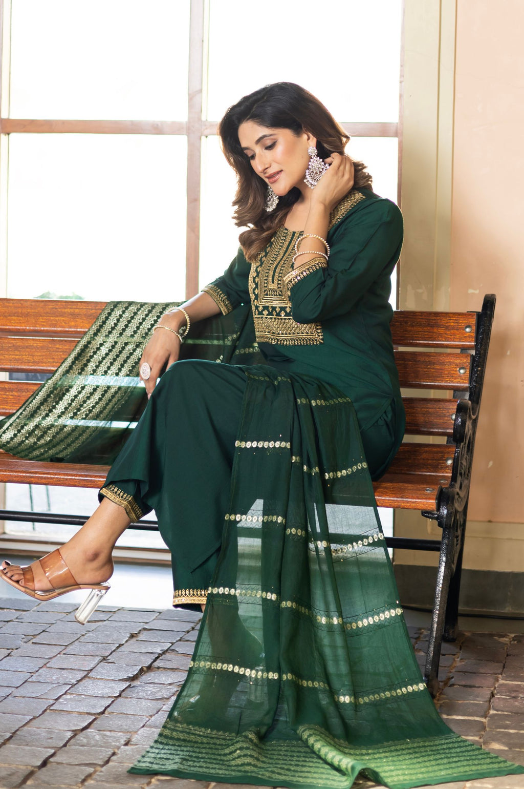 Bottle Green Chinnon Embroidered Kurta Set with Jacquard Dupatta