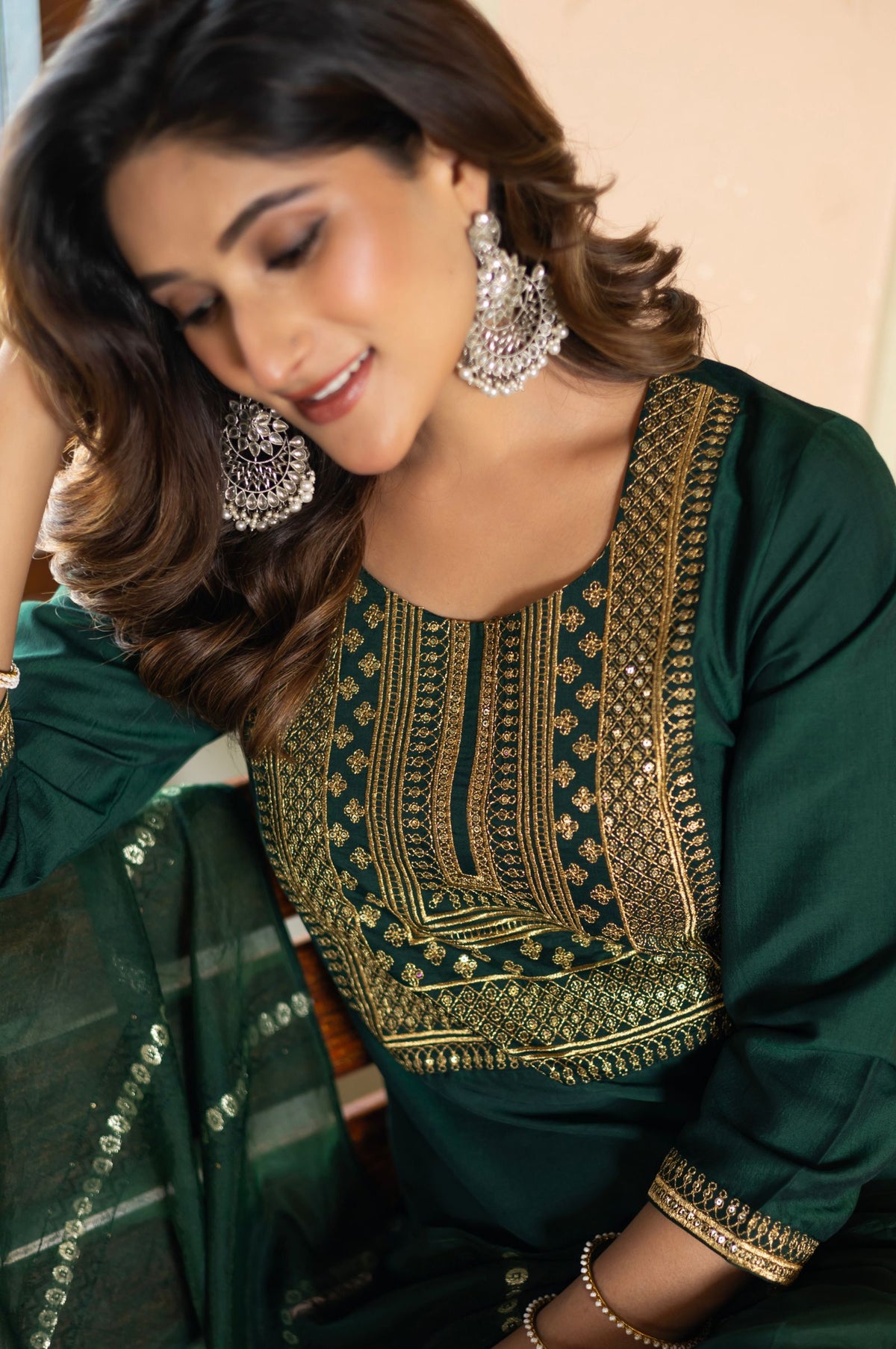 Bottle Green Chinnon Embroidered Kurta Set with Jacquard Dupatta