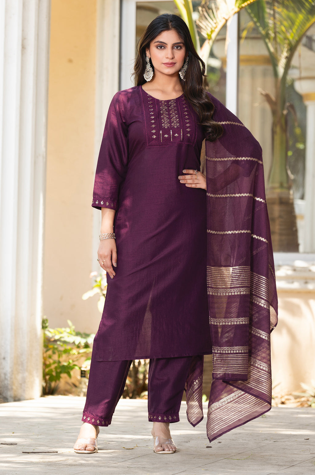Wine Silk Blend Embroidered Kurta Set with Dupatta For Women