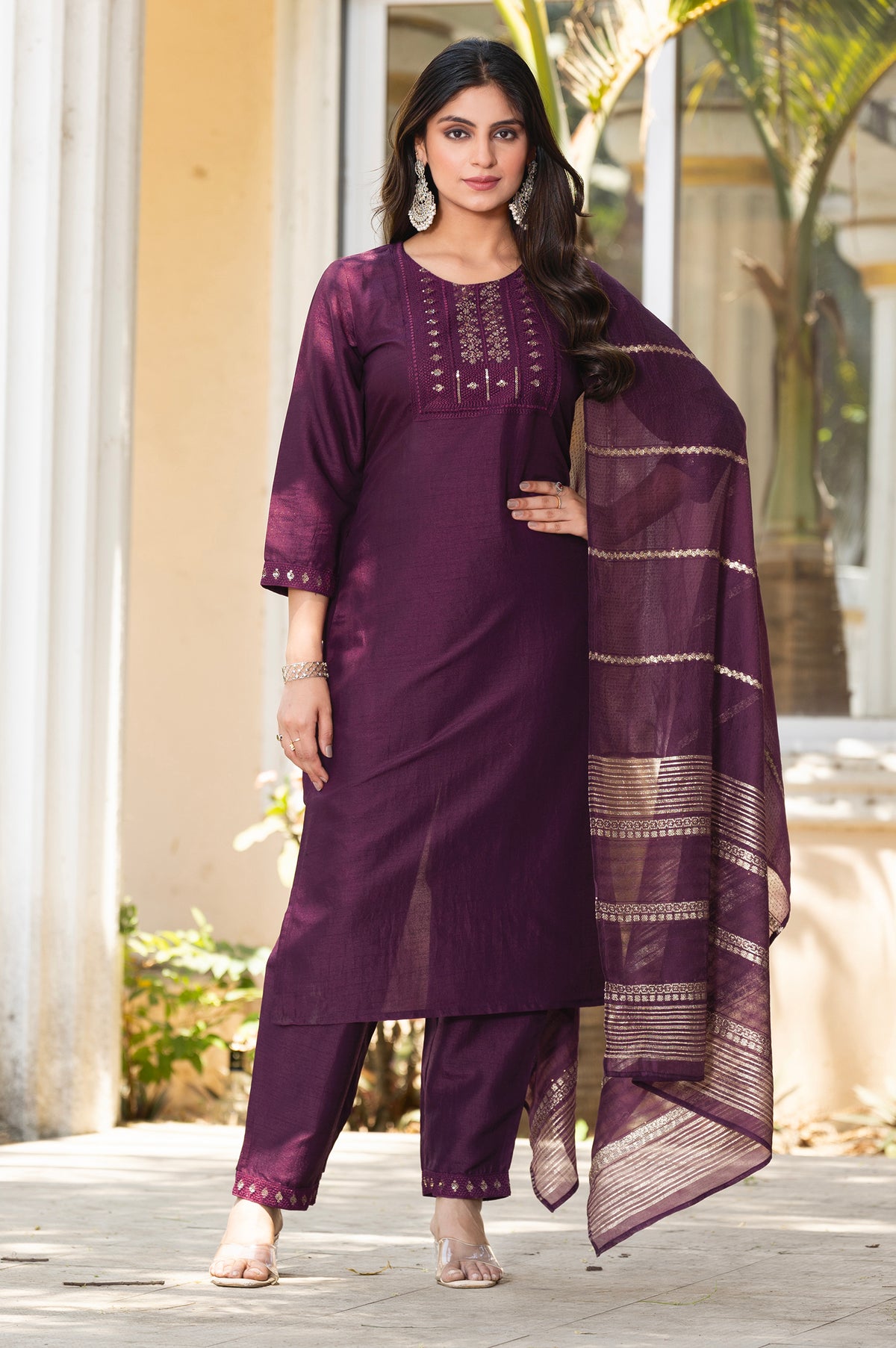 Wine Silk Blend Embroidered Kurta Set with Dupatta For Women