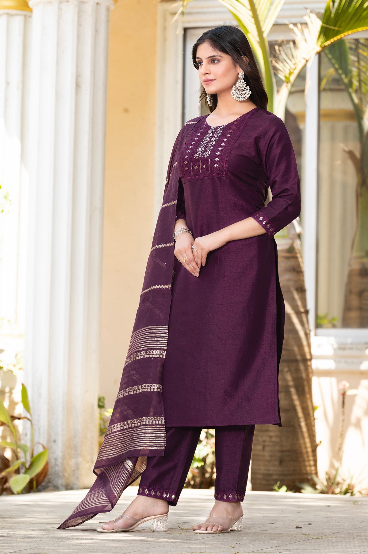 Wine Silk Blend Embroidered Kurta Set with Dupatta For Women