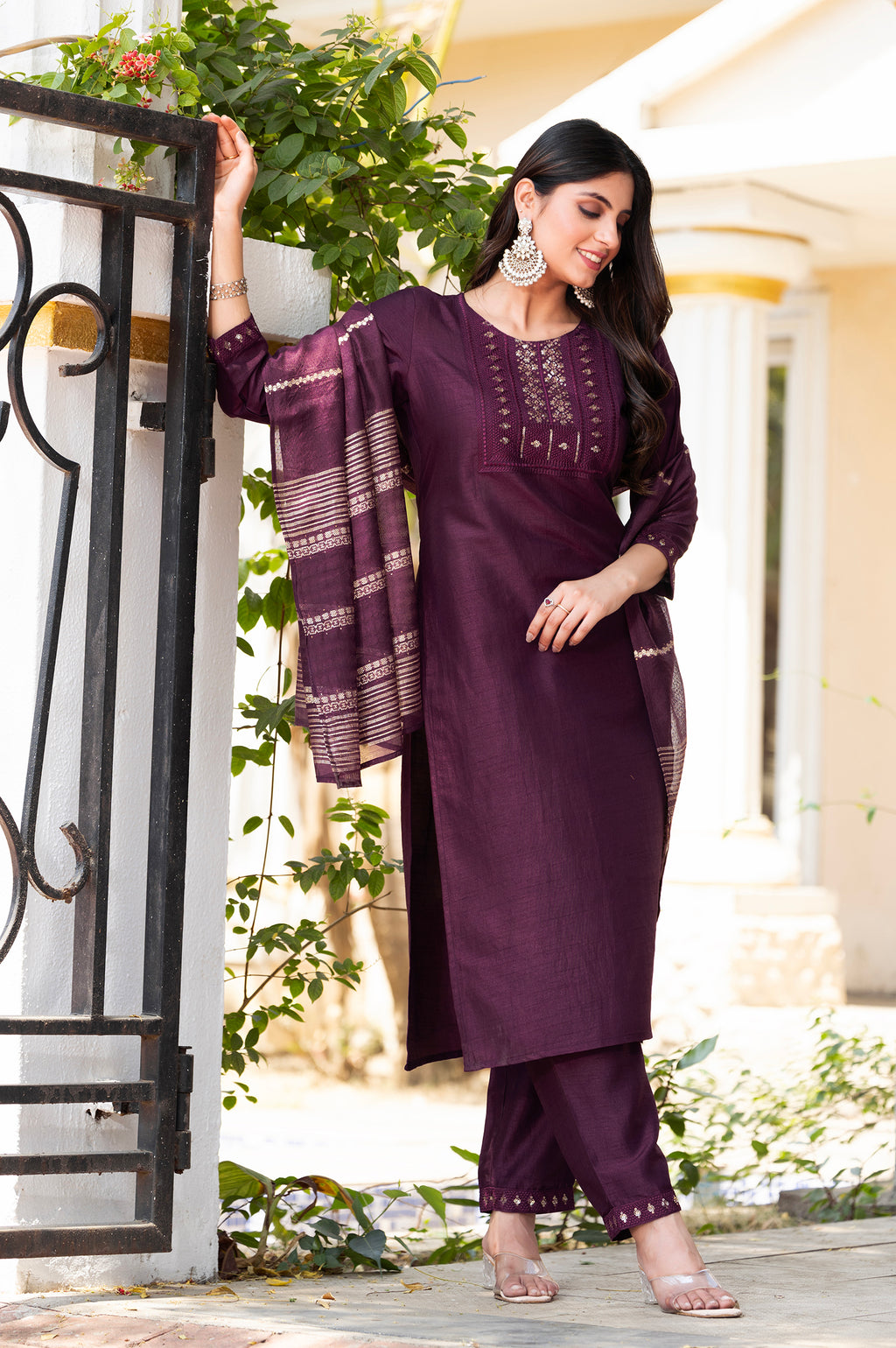 Wine Silk Blend Embroidered Kurta Set with Dupatta For Women
