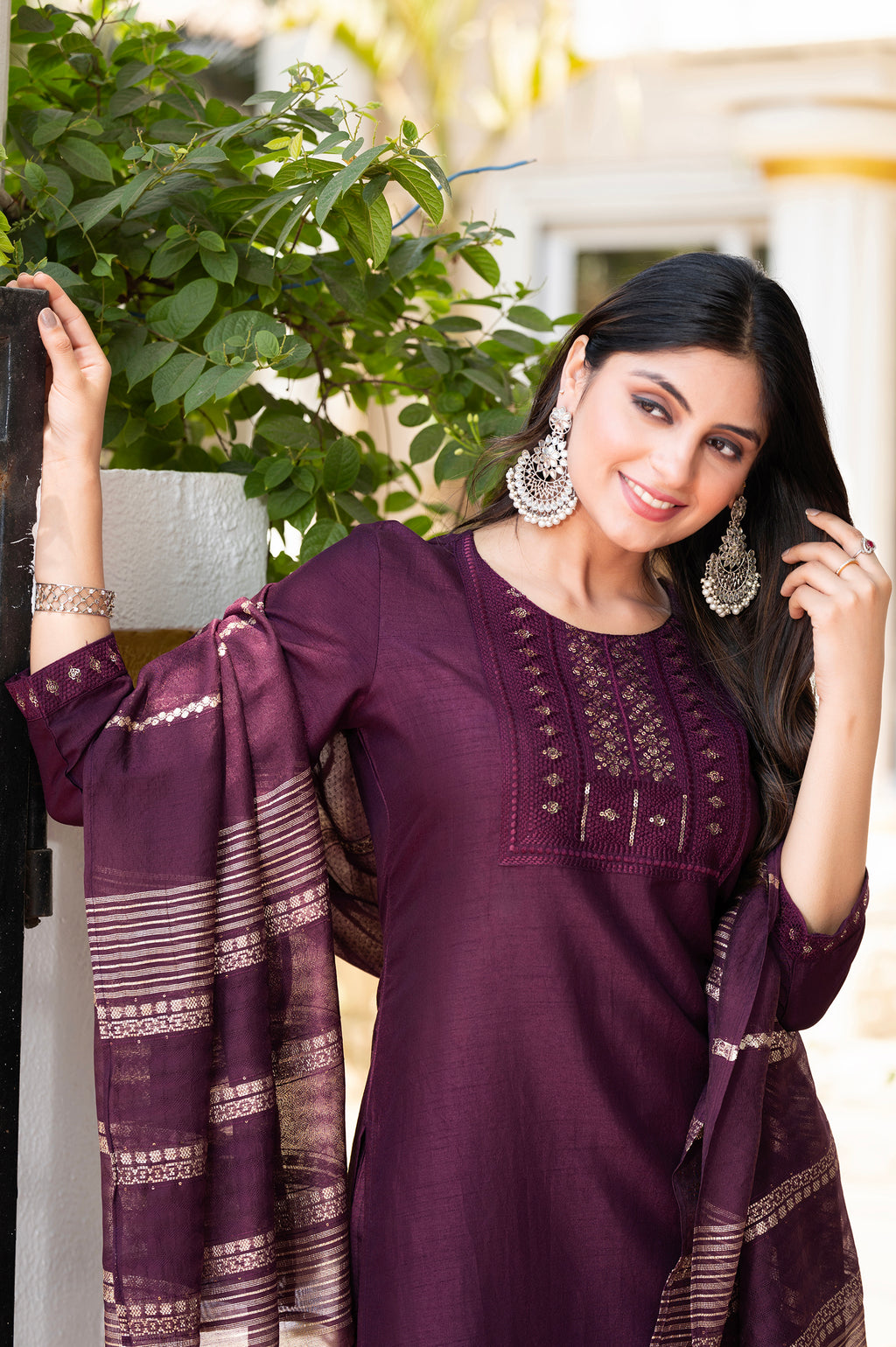 Wine Silk Blend Embroidered Kurta Set with Dupatta For Women