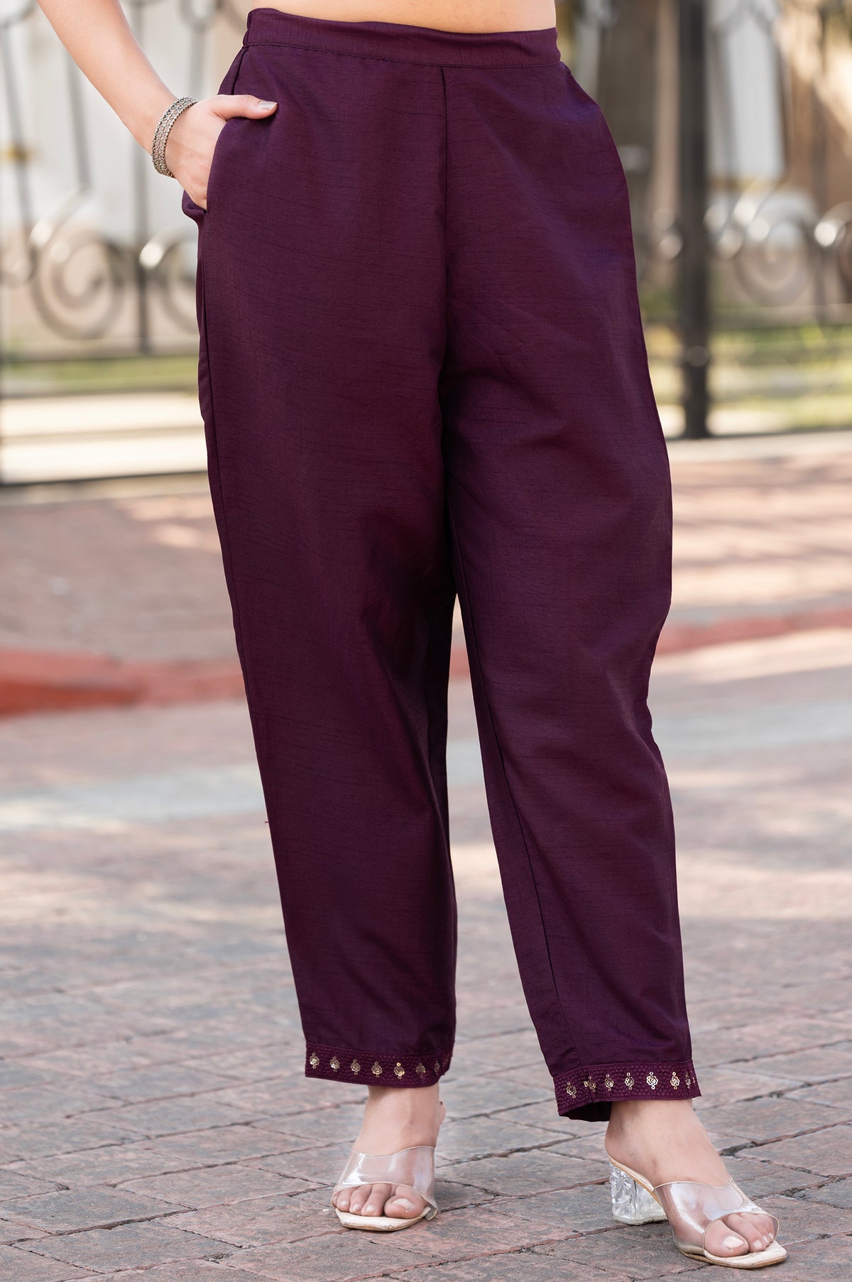 Wine Silk Blend Embroidered Kurta Set with Dupatta For Women