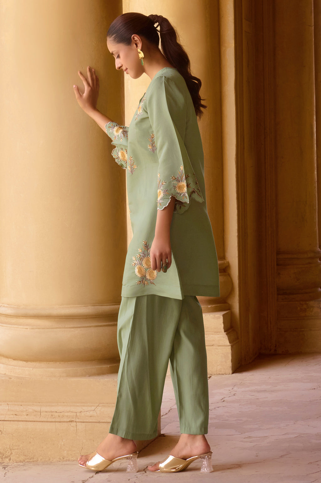Women's Green Embroidered Roman Silk Co-Ord Set