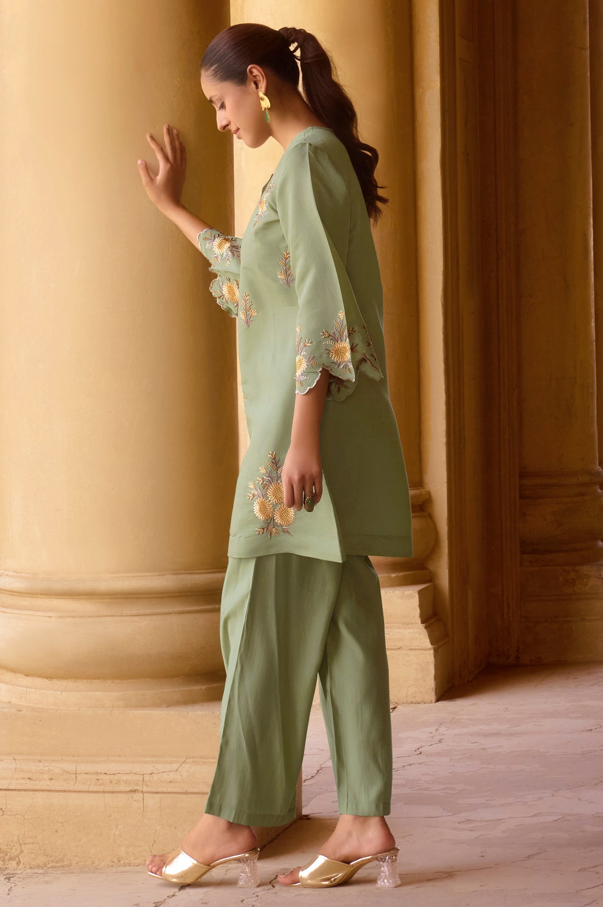 Women's Green Embroidered Roman Silk Co-Ord Set