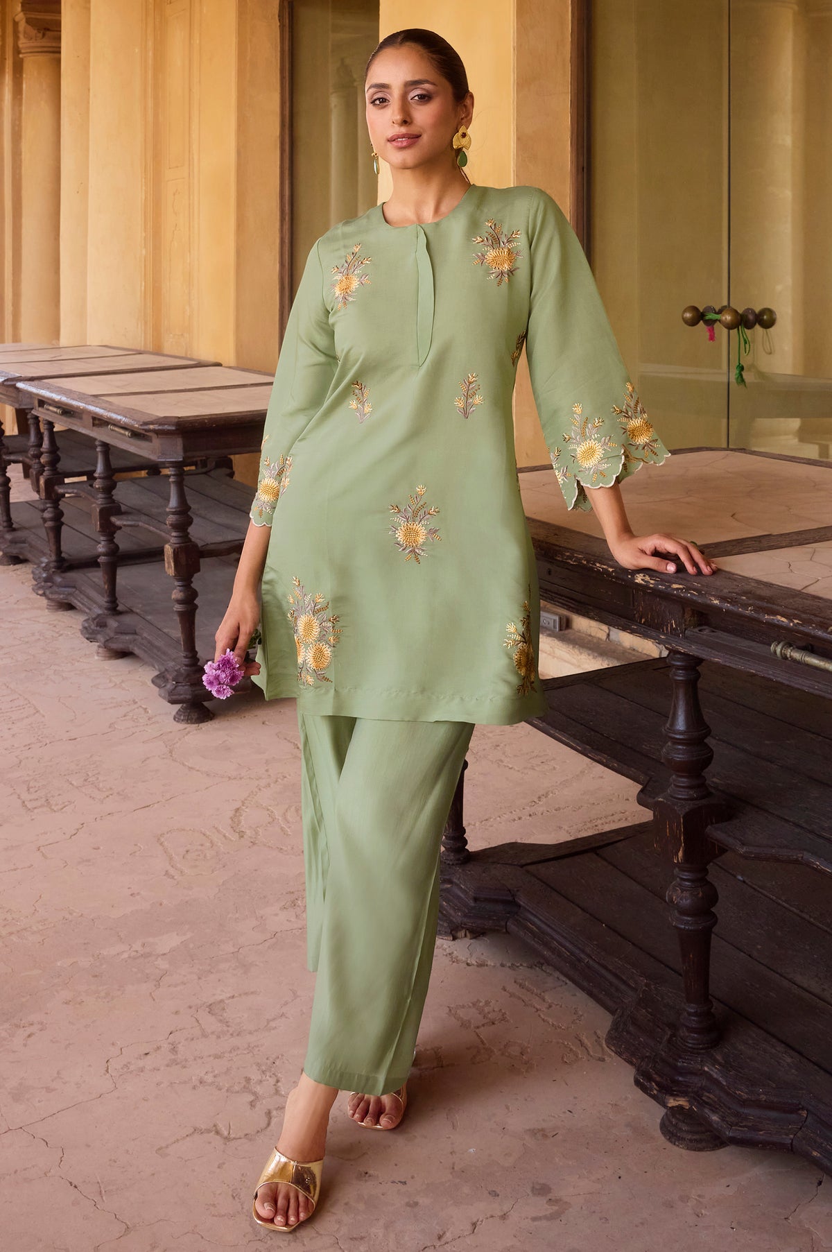 Women's Green Embroidered Roman Silk Co-Ord Set