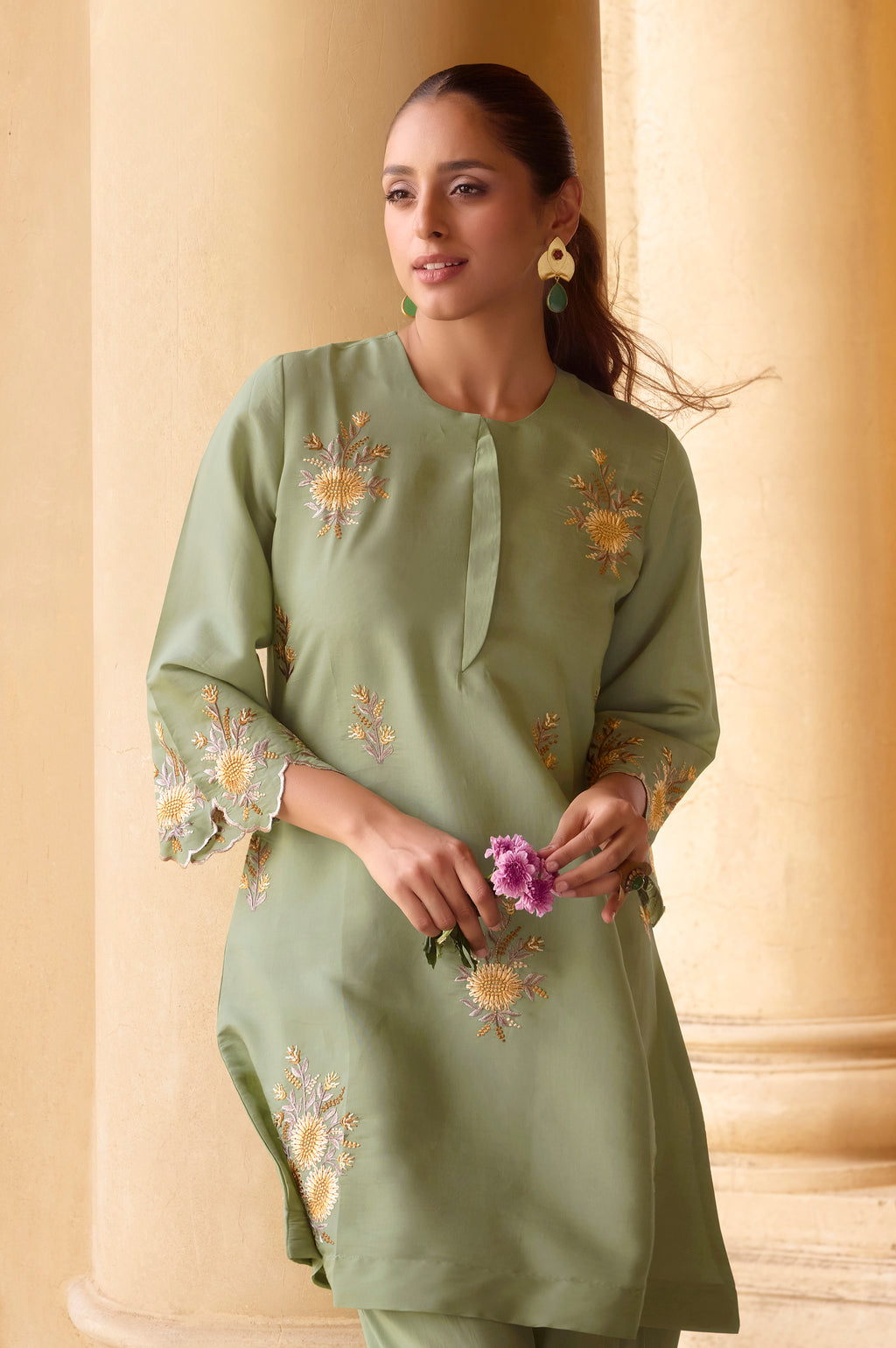 Women's Green Embroidered Roman Silk Co-Ord Set