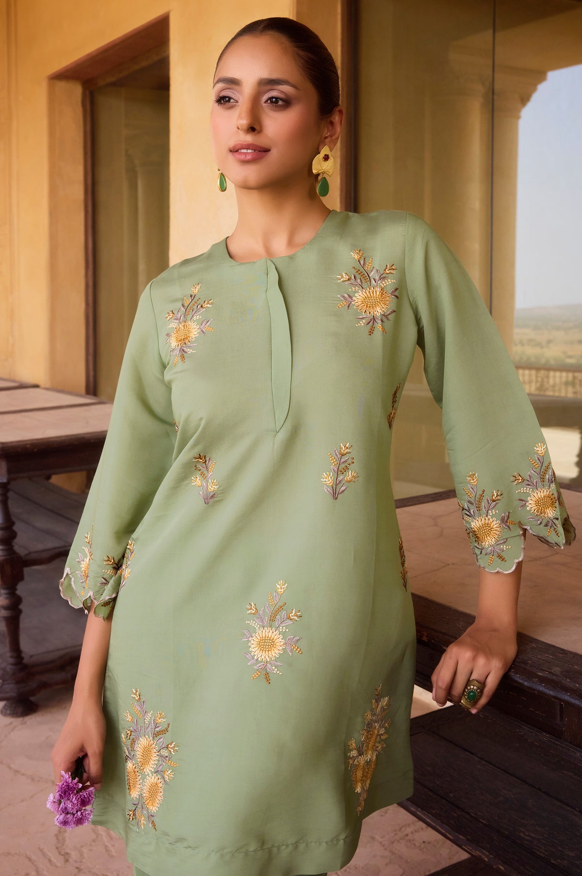Women's Green Embroidered Roman Silk Co-Ord Set