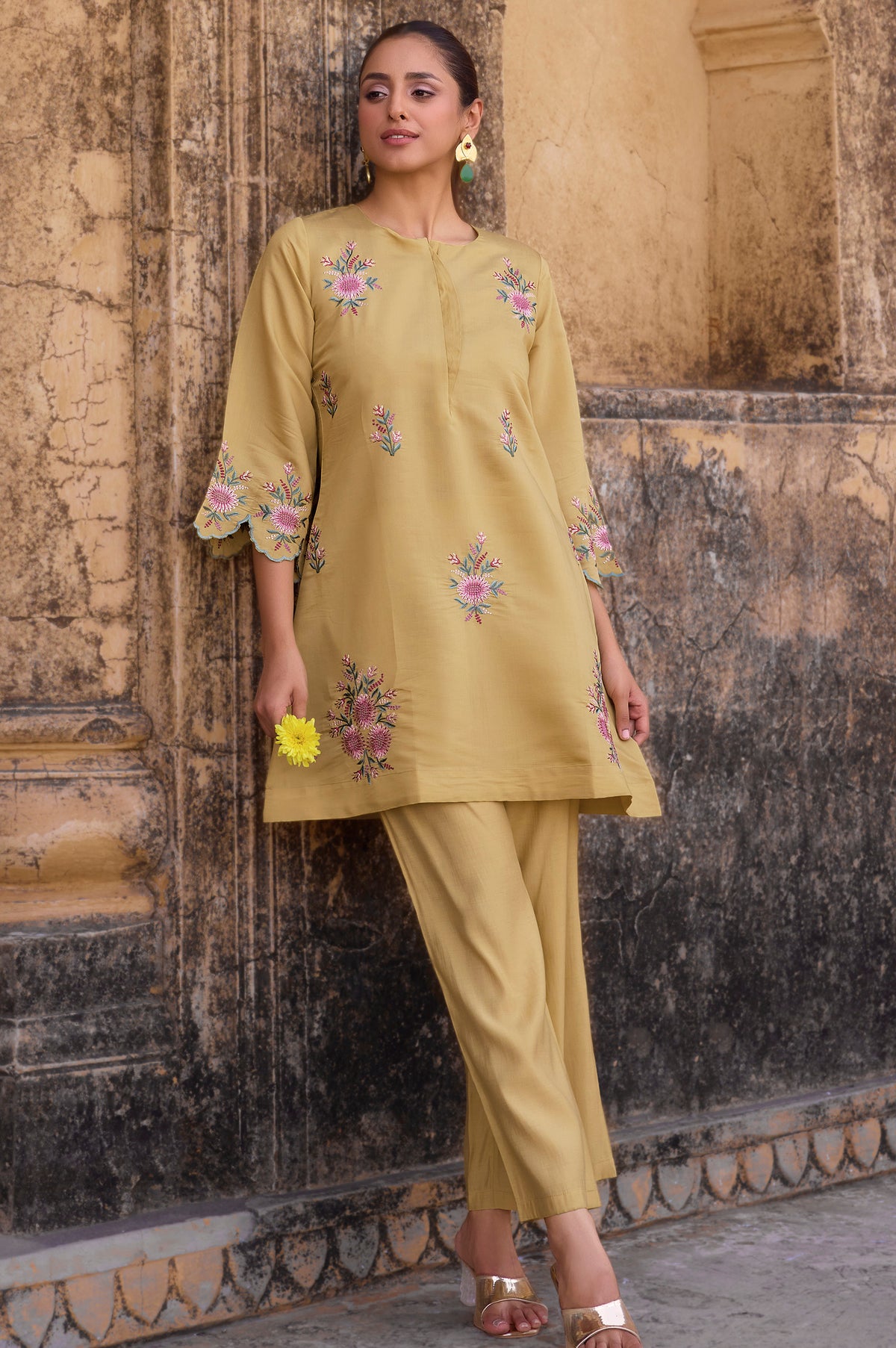 Women's Yellow Embroidered Roman Silk Co-Ord Set