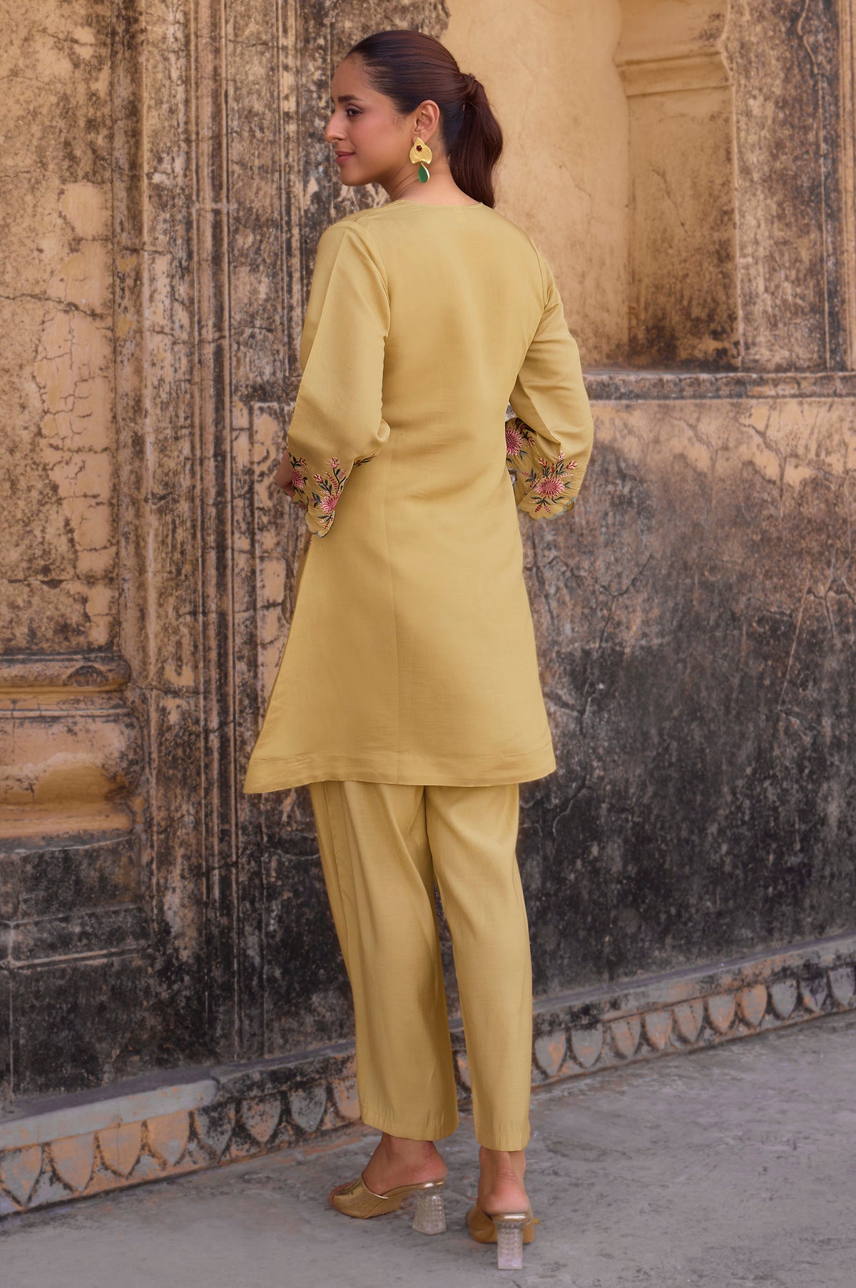 Women's Yellow Embroidered Roman Silk Co-Ord Set