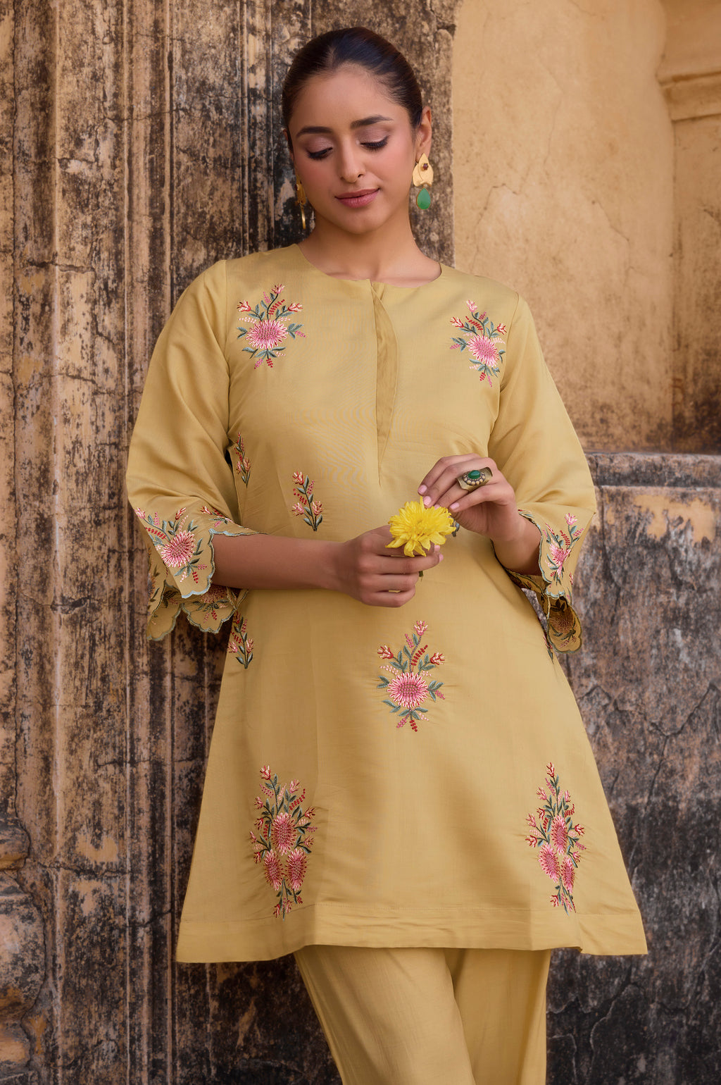 Women's Yellow Embroidered Roman Silk Co-Ord Set