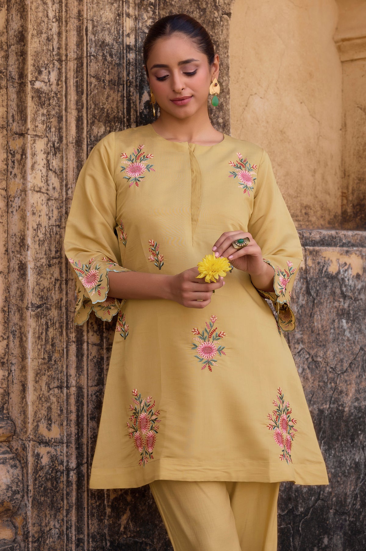 Women's Yellow Embroidered Roman Silk Co-Ord Set