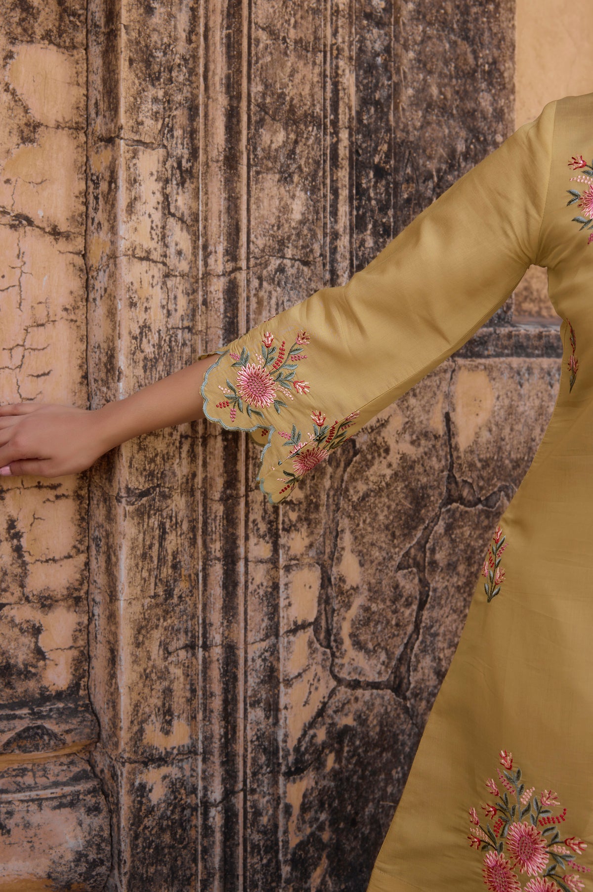 Women's Yellow Embroidered Roman Silk Co-Ord Set