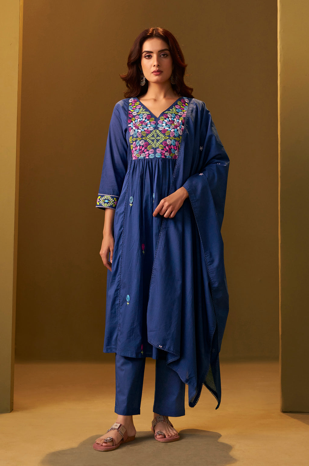 Women's Navy Blue Pure Cotton Embroidered Kurta Set with Dupatta