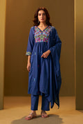 Women's Navy Blue Pure Cotton Embroidered Kurta Set with Dupatta