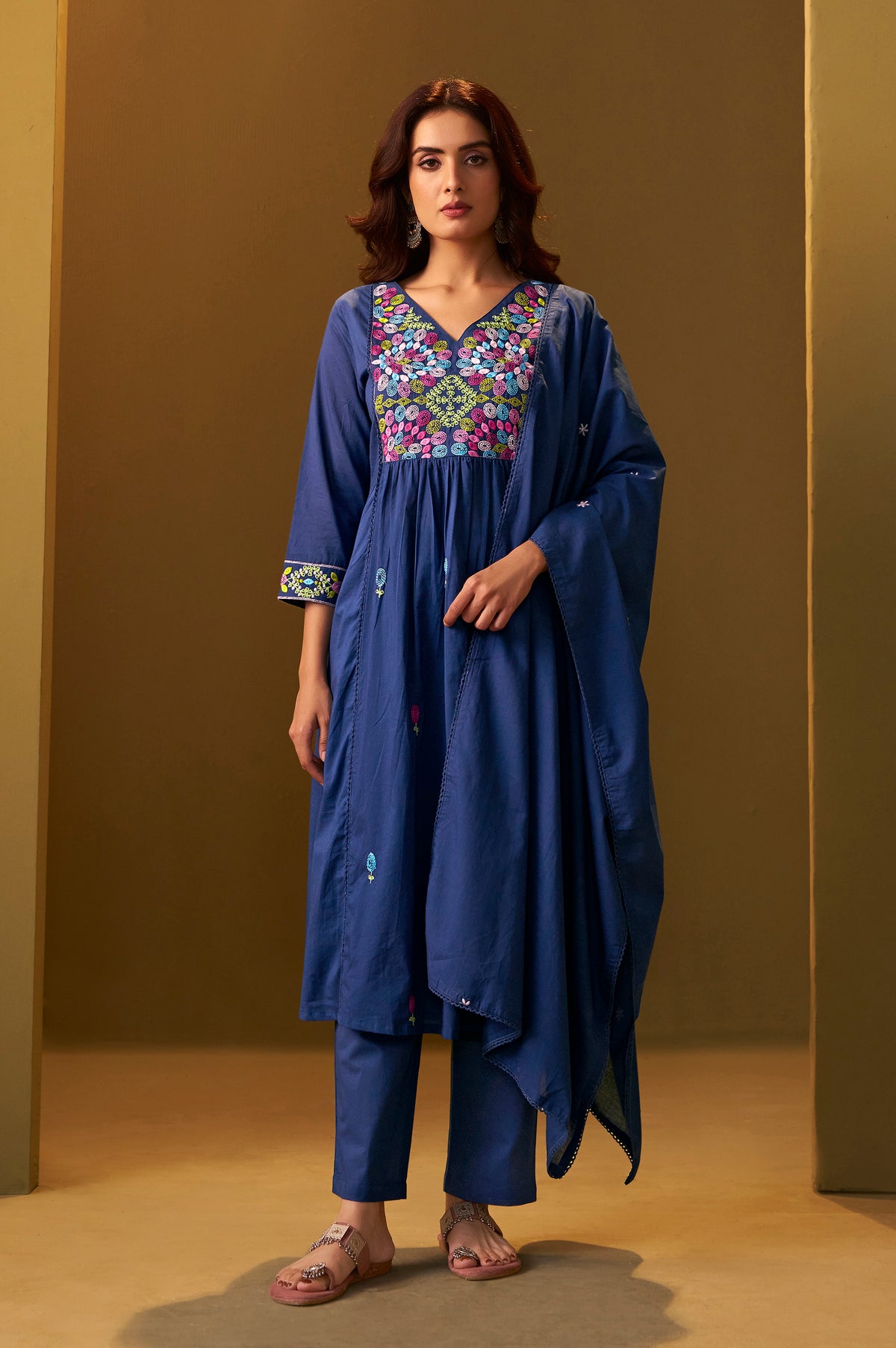 Women's Navy Blue Pure Cotton Embroidered Kurta Set with Dupatta