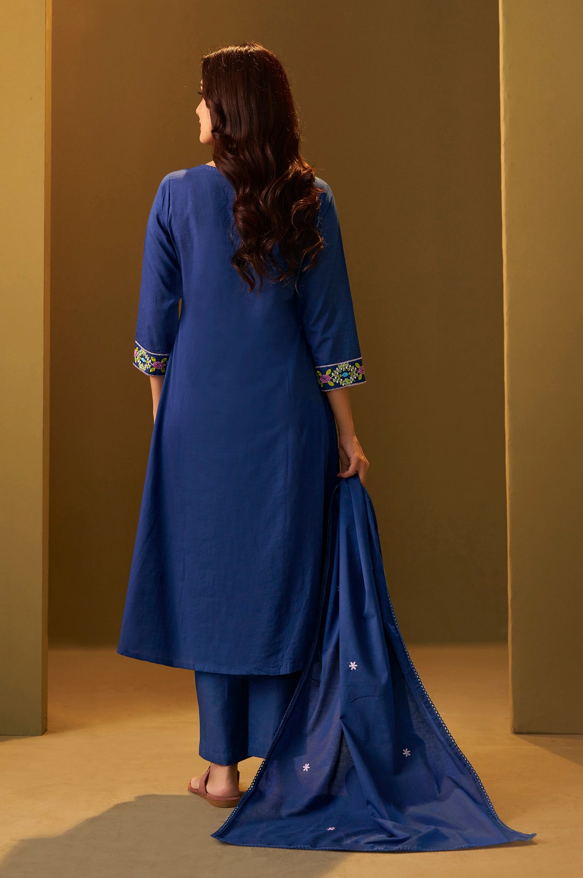 Women's Navy Blue Pure Cotton Embroidered Kurta Set with Dupatta