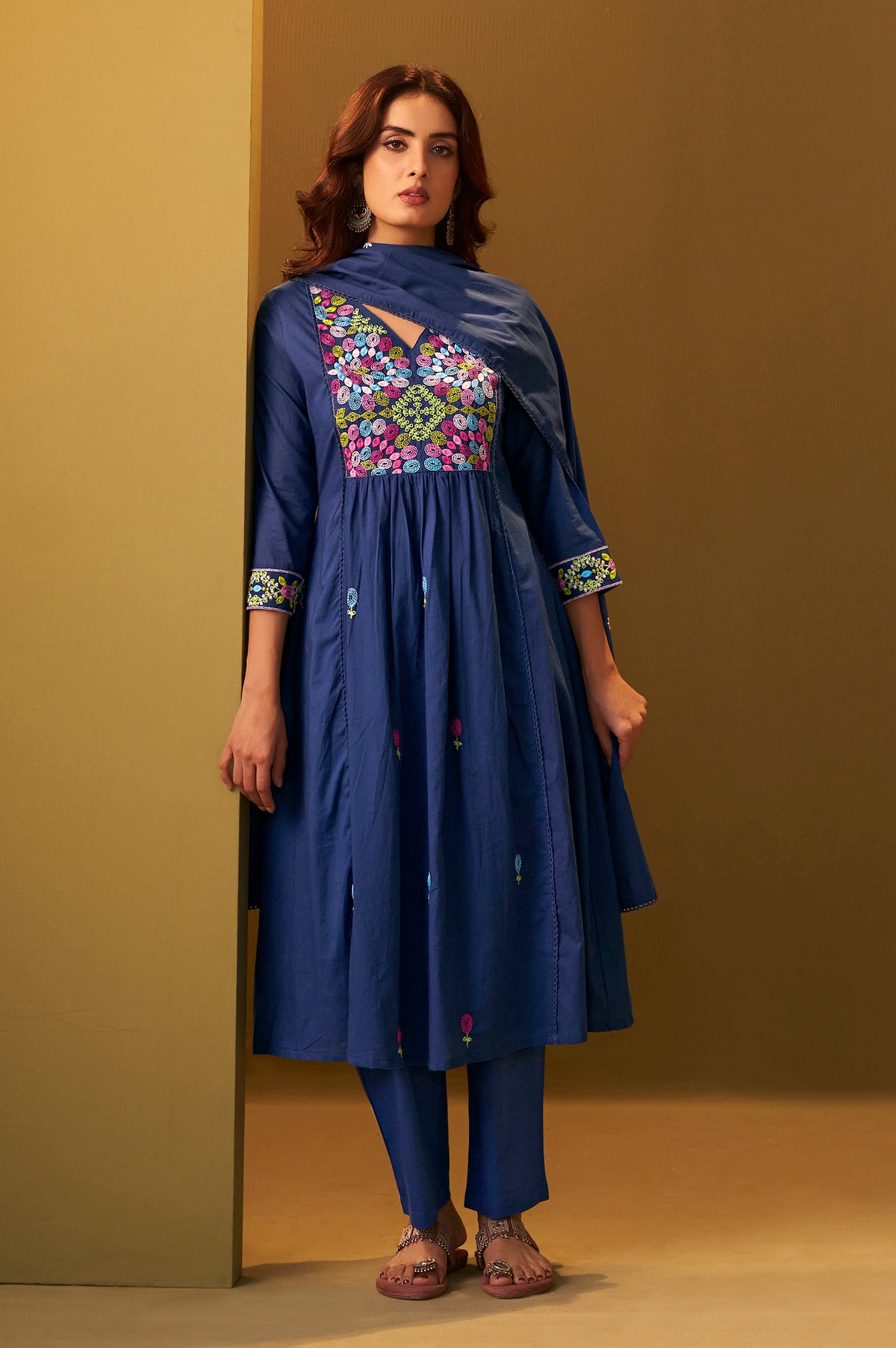 Women's Navy Blue Pure Cotton Embroidered Kurta Set with Dupatta