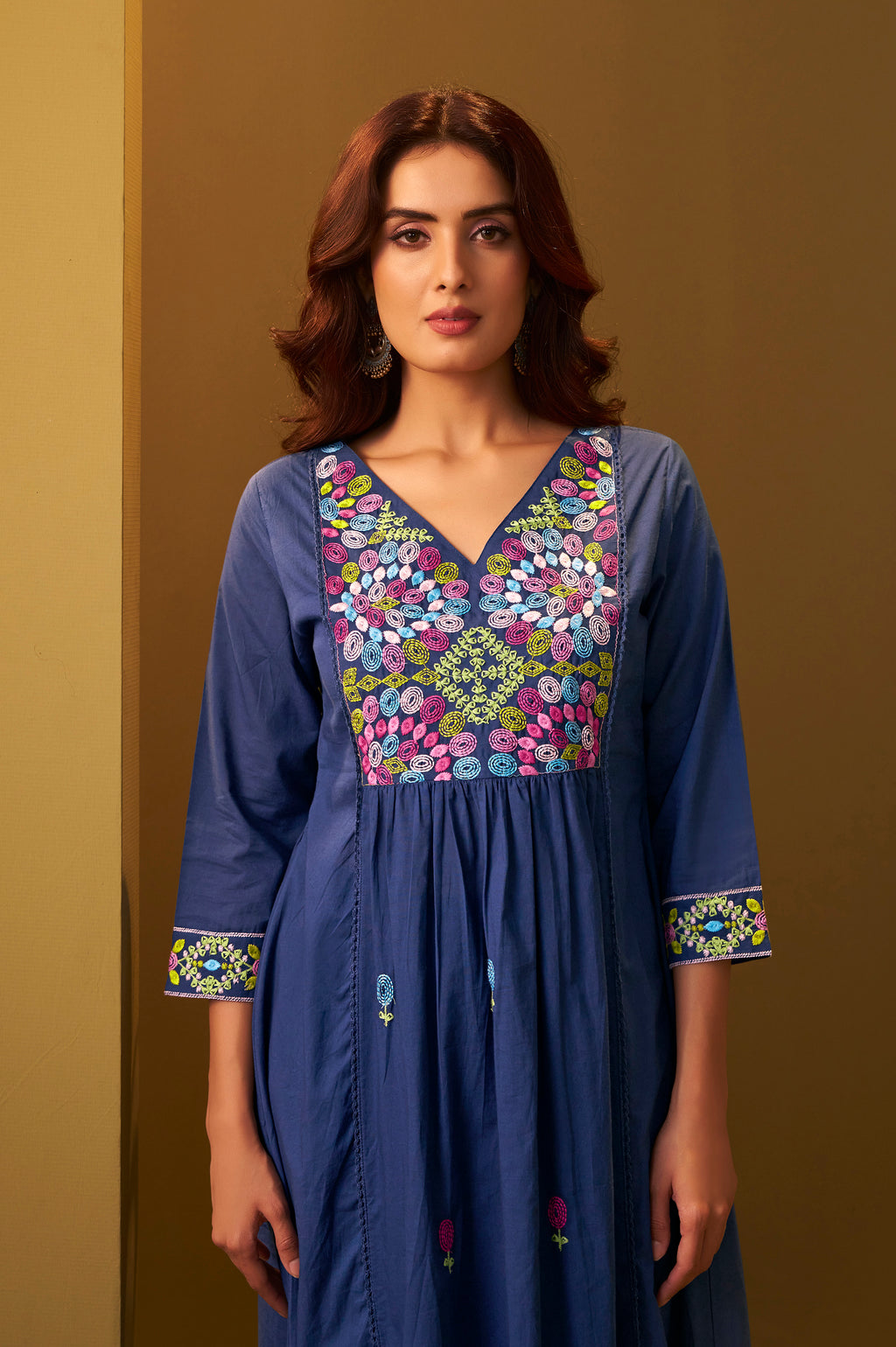 Women's Navy Blue Pure Cotton Embroidered Kurta Set with Dupatta