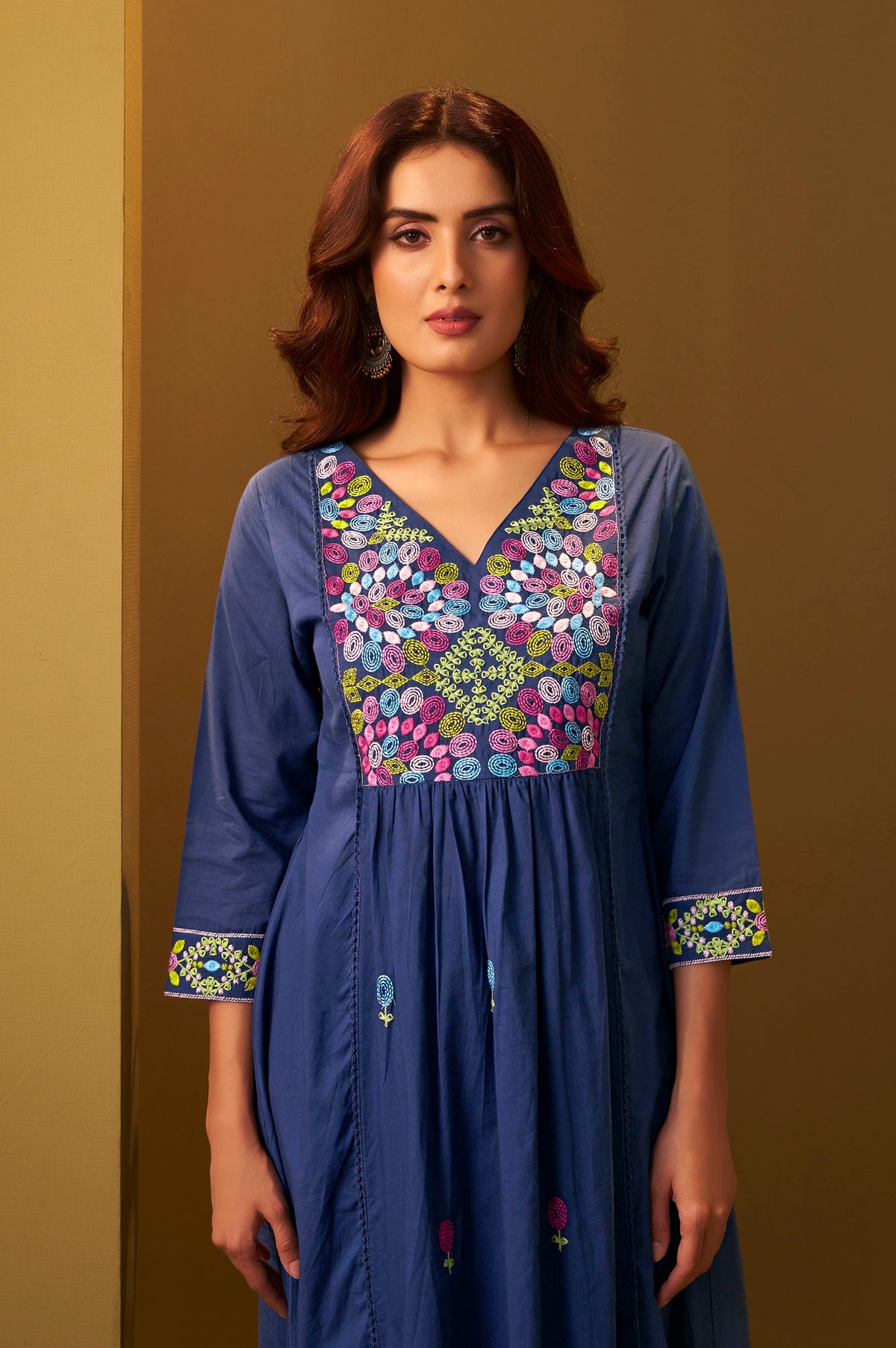 Women's Navy Blue Pure Cotton Embroidered Kurta Set with Dupatta
