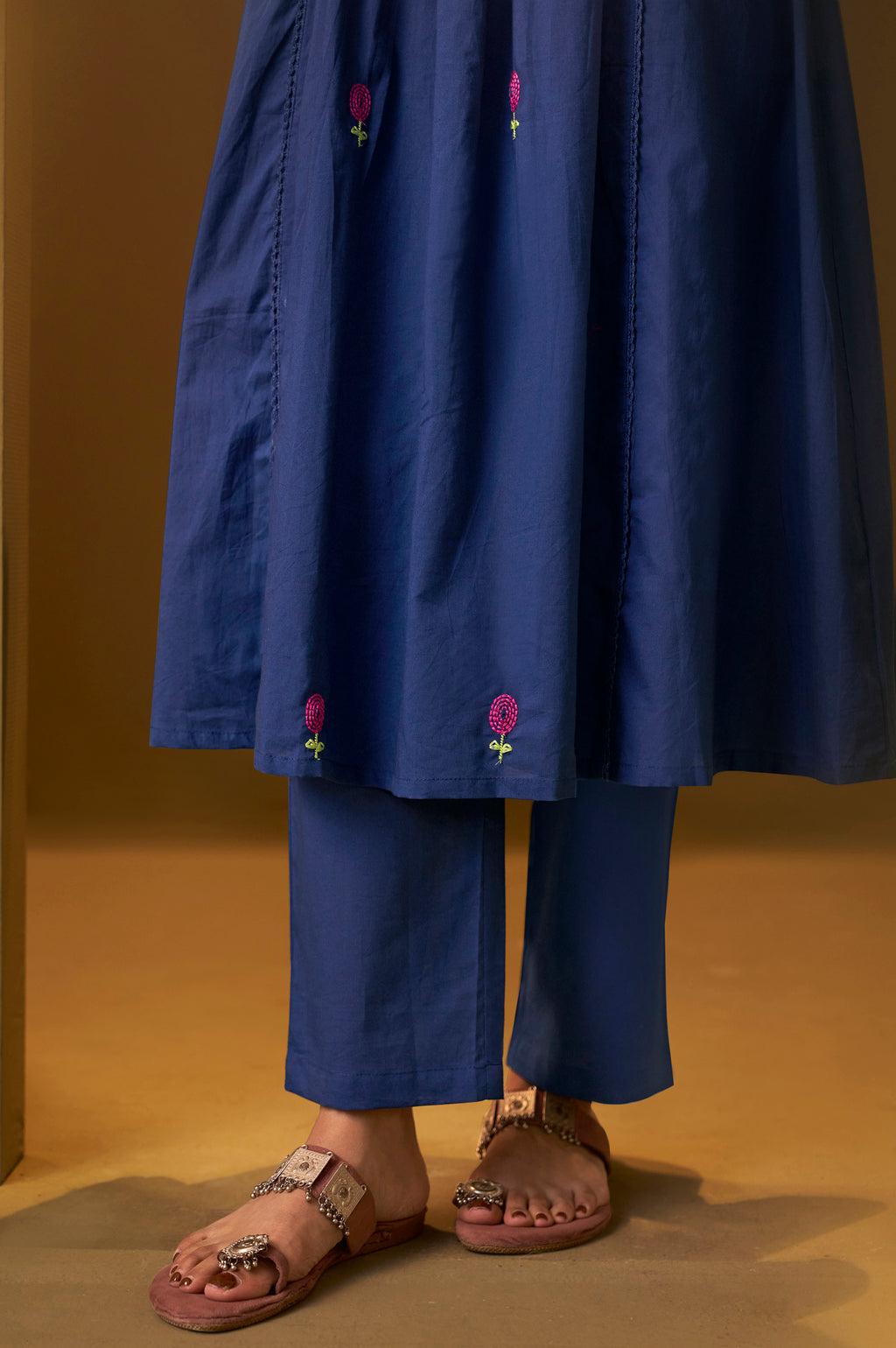 Women's Navy Blue Pure Cotton Embroidered Kurta Set with Dupatta